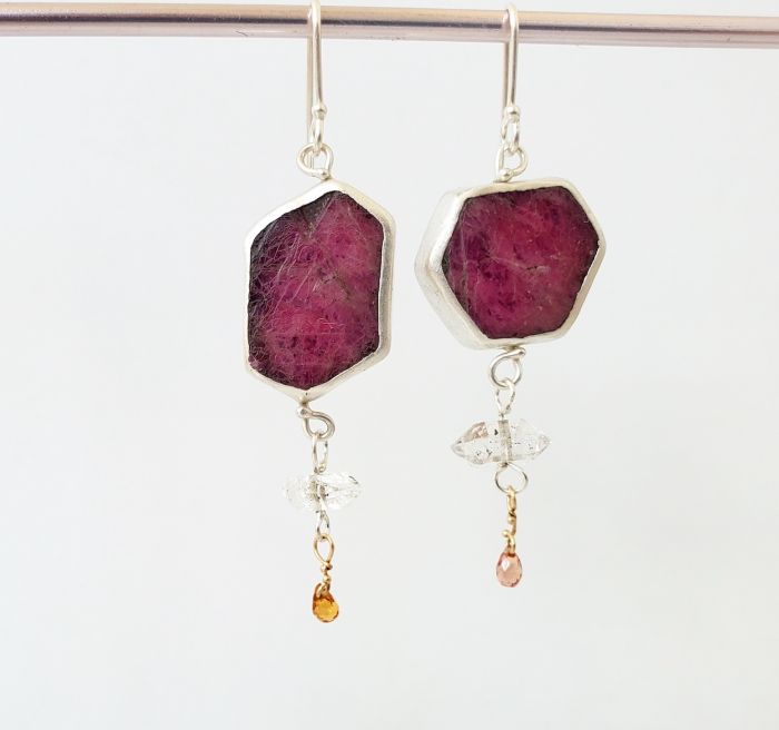 Raw Ruby Slice Earrings with Herkimer Diamond & Orange Sapphire Drops - Image 2