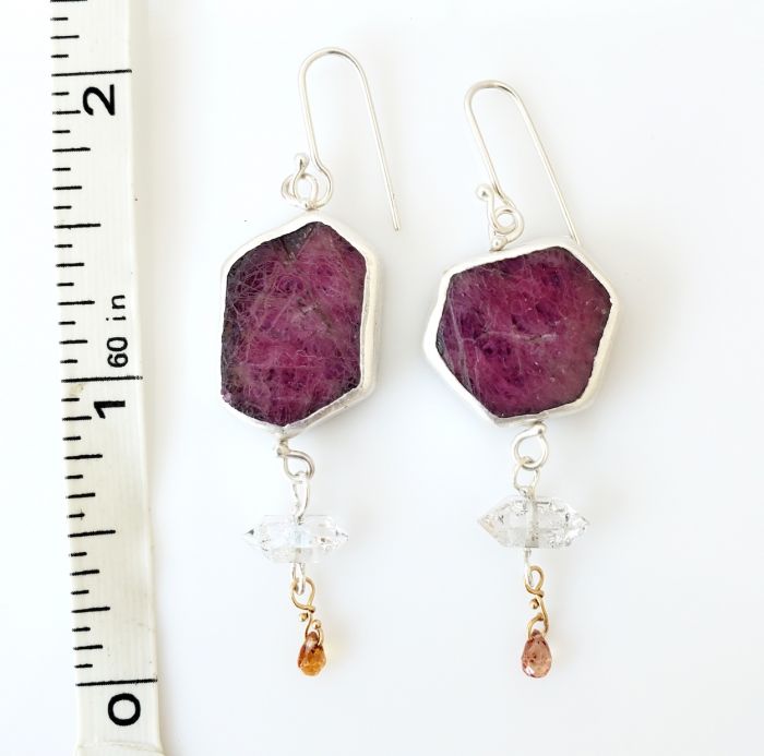 Raw Ruby Slice Earrings with Herkimer Diamond & Orange Sapphire Drops - Image 5