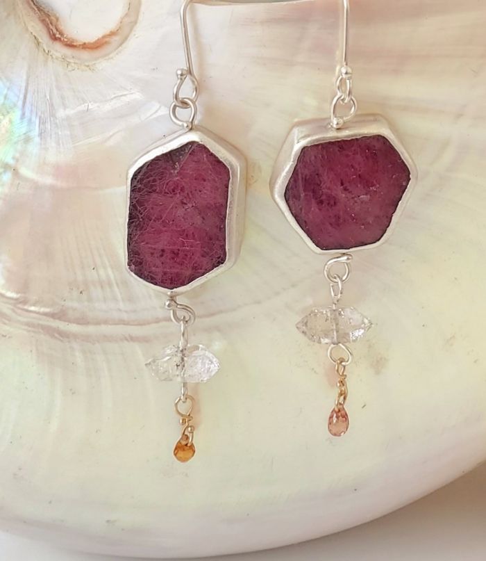 Raw Ruby Slice Earrings with Herkimer Diamond & Orange Sapphire Drops