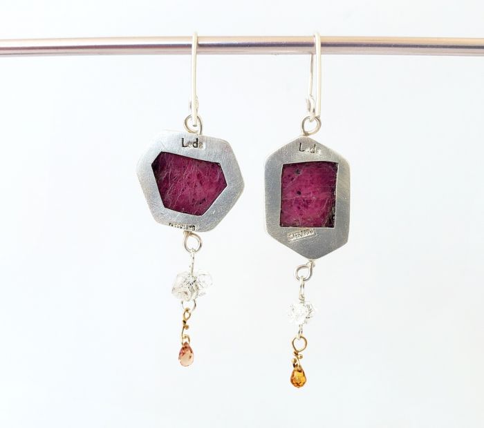 Raw Ruby Slice Earrings with Herkimer Diamond & Orange Sapphire Drops - Image 4